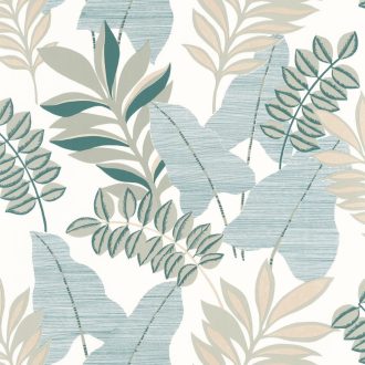   Caselio Escapade 102327022 Voyage Utazás a flóra-fauna világába cserjék levelei fehér vízzöld bézs zöld árnyalatok irizáló hatás tapéta