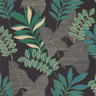   Caselio Escapade 102329779 Voyage Utazás a flóra-fauna világába cserjék levelei fekete kék és zöld árnyalatok bézsarany irizáló hatás tapéta