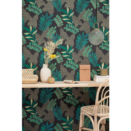 Caselio Escapade 102329779 Voyage Utazás a flóra-fauna világába cserjék levelei fekete kék és zöld árnyalatok bézsarany irizáló hatás tapéta