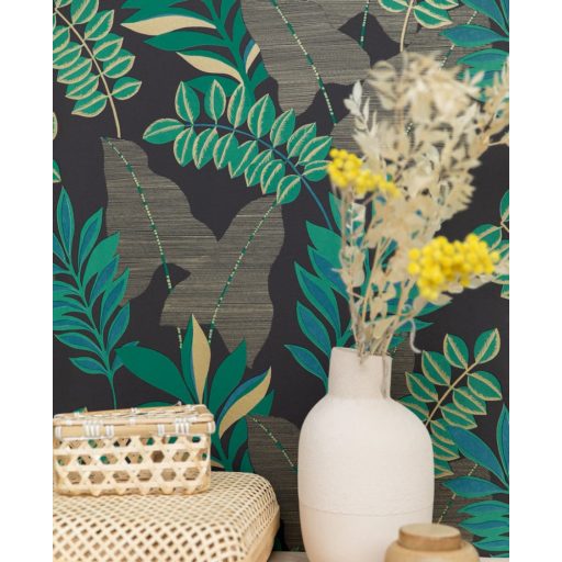 Caselio Escapade 102329779 Voyage Utazás a flóra-fauna világába cserjék levelei fekete kék és zöld árnyalatok bézsarany irizáló hatás tapéta