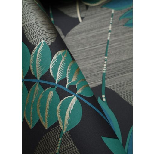 Caselio Escapade 102329779 Voyage Utazás a flóra-fauna világába cserjék levelei fekete kék és zöld árnyalatok bézsarany irizáló hatás tapéta