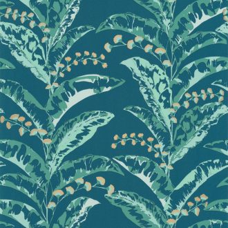  Caselio Escapade 102336733 Epopee Botanikus megejtő szépségű trópusi virágfűzér kék és zöld árnyalatok bézsarany tapéta