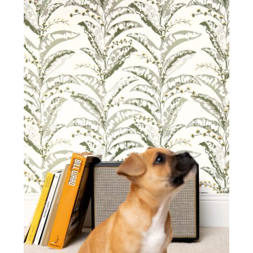 Caselio Escapade 102337735 Epopee Botanikus megejtő szépségű trópusi virágfűzér fehér khakizöld szürkésbézs bézsarany tapéta