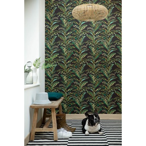 Caselio Escapade 102339735 Epopee Botanikus megejtő szépségű trópusi virágfűzér fekete khakizöld zöld türkiz bézsarany tapéta