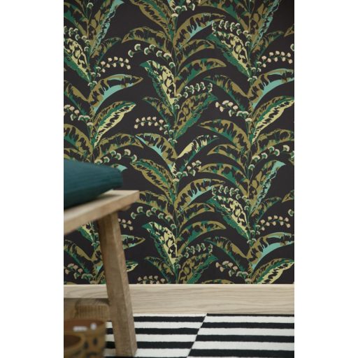 Caselio Escapade 102339735 Epopee Botanikus megejtő szépségű trópusi virágfűzér fekete khakizöld zöld türkiz bézsarany tapéta