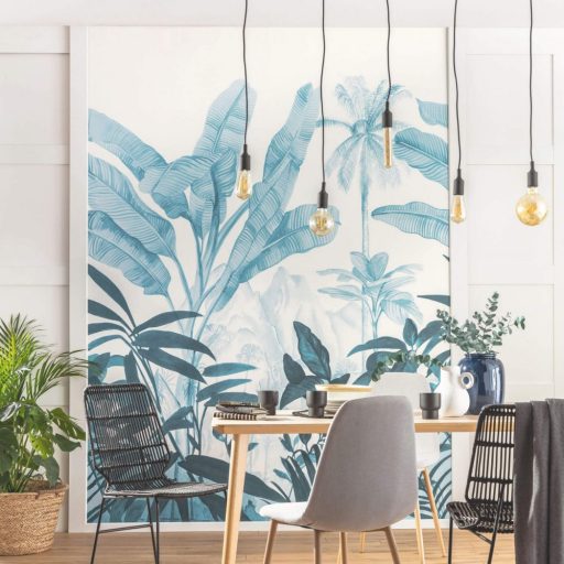 Dús vegetáció a dekoráció - impozáns egzotikus és buja levelek fehér kék zöldeskék falpanel