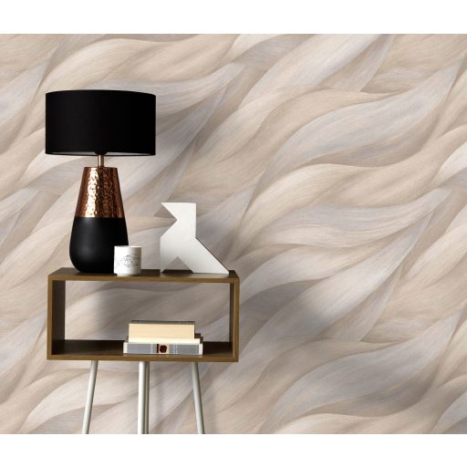 Akvarell színátmenetes levél - dinamikus hullámmotívum bézs és szürke tónusok tapéta