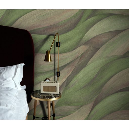 Akvarell színátmenetes levél - dinamikus hullámmotívum zöld szürkésbarna lila tónusok tapéta