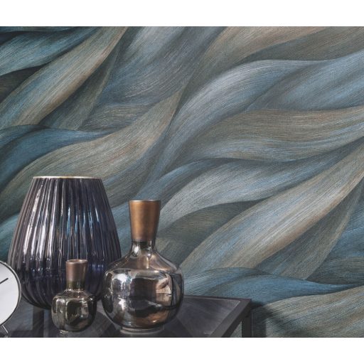 Akvarell színátmenetes levél - dinamikus hullámmotívum zöld kék szürke és barna tónusok tapéta