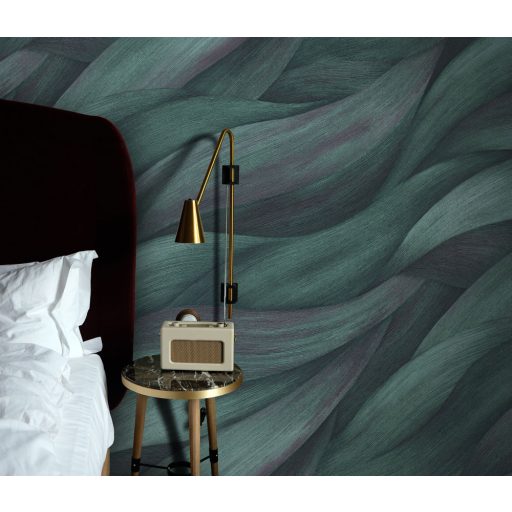 Akvarell színátmenetes levél - dinamikus hullámmotívum petrol és lila tónusok tapéta