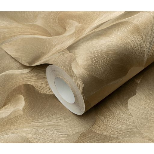 Finoman hullámzó és lágyan fodrozódó selymes stilizált virágszirmok bézs arany és aranybarna tónus finom fény tapéta
