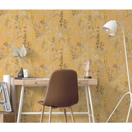 Buja vadvirágos rét - füvek ágak levelek sárga bézs sárgabarack tapéta