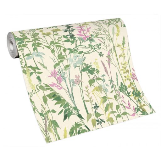 Buja vadvirágos rét - füvek ágak levelek fehér zöld és lila tónusok tapéta