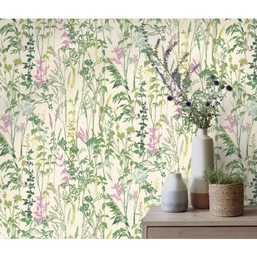 Buja vadvirágos rét - füvek ágak levelek fehér zöld és lila tónusok tapéta