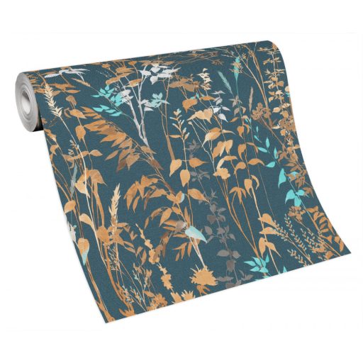 Buja vadvirágos rét - füvek ágak levelek kék barna türkiz szürke tapéta