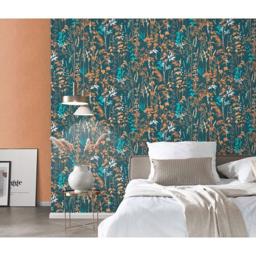 Buja vadvirágos rét - füvek ágak levelek kék barna türkiz szürke tapéta