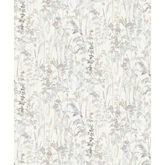   Buja vadvirágos rét - füvek ágak levelek fehér szürke bézs tapéta