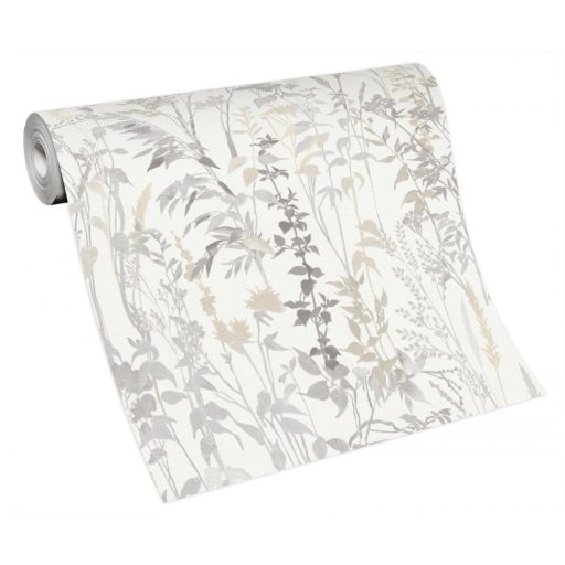 Buja vadvirágos rét - füvek ágak levelek fehér szürke bézs tapéta