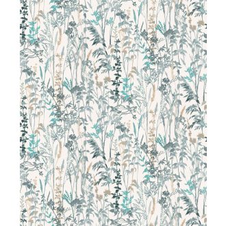   Buja vadvirágos rét - füvek ágak levelek fehér kék türkiz bézs/barna tapéta