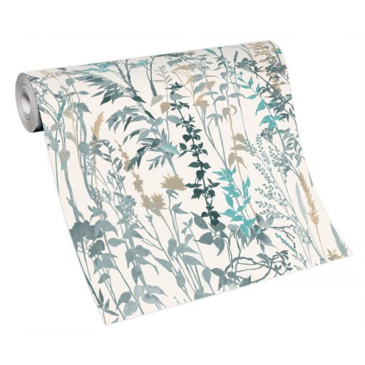 Buja vadvirágos rét - füvek ágak levelek fehér kék türkiz bézs/barna tapéta