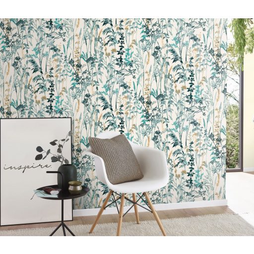 Buja vadvirágos rét - füvek ágak levelek fehér kék türkiz bézs/barna tapéta