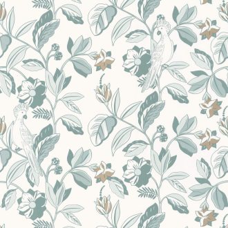   Virágszőlő ágak között megbúvó papagájok - Vintage díszítőminta fehér füstkék arany tapéta
