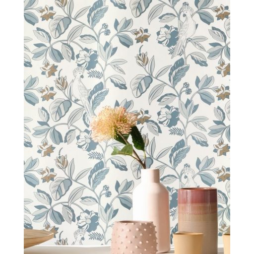 Virágszőlő ágak között megbúvó papagájok - Vintage díszítőminta fehér füstkék arany tapéta