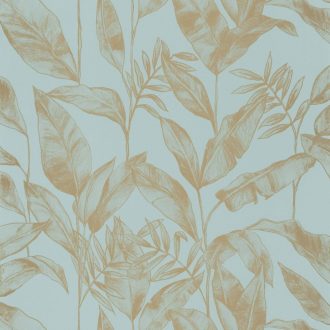   Elegáns növény (levél) design füstkék fémes arany tapéta