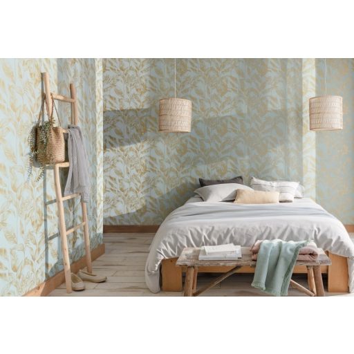 Elegáns növény (levél) design füstkék fémes arany tapéta