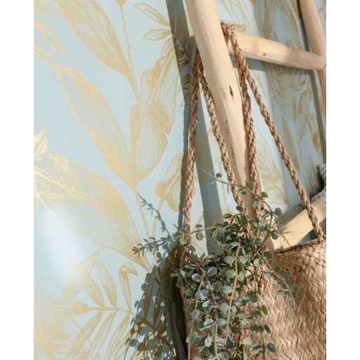 Elegáns növény (levél) design füstkék fémes arany tapéta