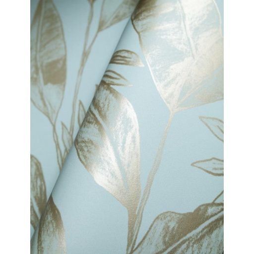 Elegáns növény (levél) design füstkék fémes arany tapéta