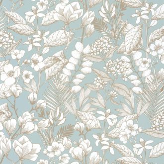   Gyönyörú virágmotívum buja virágokkal levelekkel füstkék fehér fémes arany tapéta