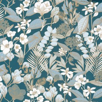   Gyönyörú virágmotívum buja virágokkal levelekkel zöldeskék fehér fémes arany tapéta