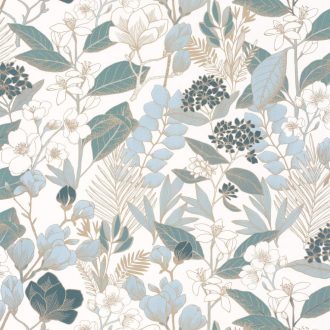   Gyönyörú virágmotívum buja virágokkal levelekkel fehér kék zöld fémes arany tapéta