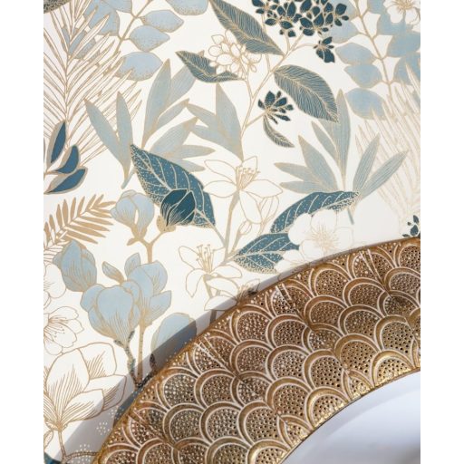 Gyönyörú virágmotívum buja virágokkal levelekkel fehér kék zöld fémes arany tapéta