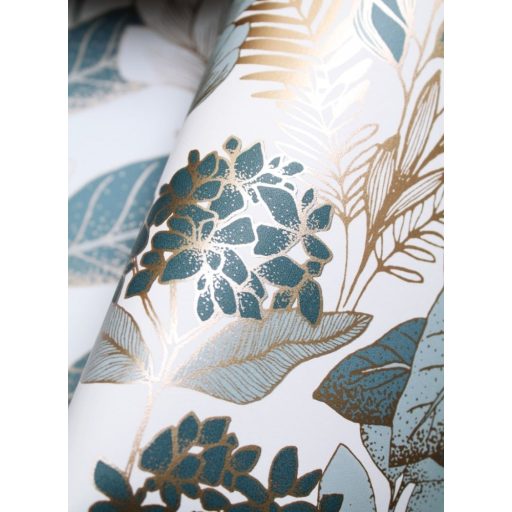 Gyönyörú virágmotívum buja virágokkal levelekkel fehér kék zöld fémes arany tapéta