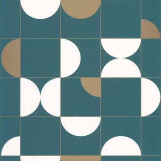   Geometrikus irányzat kékben - változatos körívek négyzetekben zöldeskék fehér fémes arany tapéta