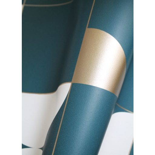 Geometrikus irányzat kékben - változatos körívek négyzetekben zöldeskék fehér fémes arany tapéta