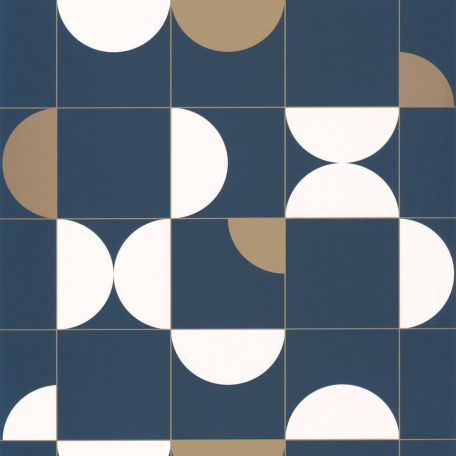 Geometrikus irányzat kékben - változatos körívek négyzetekben éjkék fehér fémes arany tapéta
