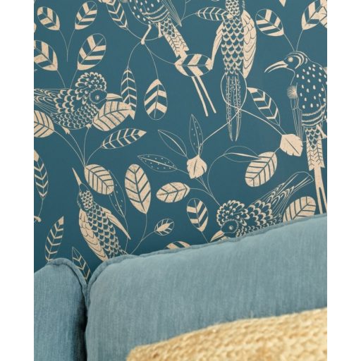 Elegáns kombináció növény (levél) és madármotívummal zöldeskék fémes arany tapéta