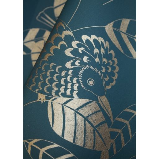 Elegáns kombináció növény (levél) és madármotívummal zöldeskék fémes arany tapéta