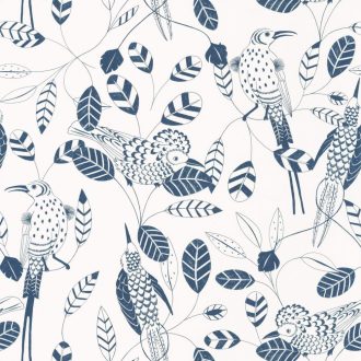   Elegáns kombináció növény (levél) és madármotívummal fehér éjkék tapéta