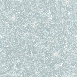   Buja felnagyított sűrű trópusi virágmotívum füstkék fehér tapéta