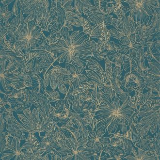   Buja felnagyított sűrű trópusi virágmotívum zöldeskék fémes arany tapéta