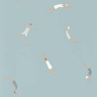   Úszó és műugró motívum retro fürdődresszek füstkék barna fehér kék tapéta