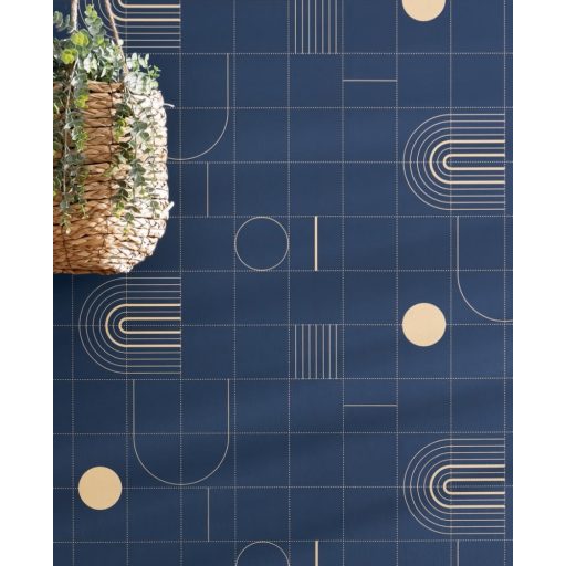 Energikus és elegáns Art Deco ihletésű geometrikus minta éjkék fémes arany tapéta