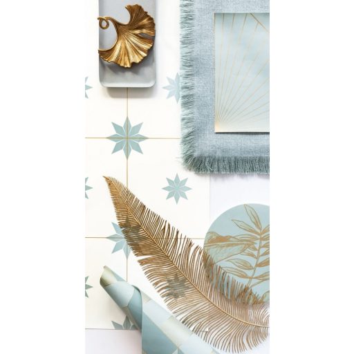 Retro stílusú dekoratív csempemotívum fehér füstkék fémes arany tapéta