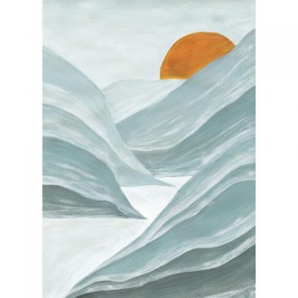   Hegyvidéki tájkép napkaréjjal - ecsetvonásokkal kialakított akvarell füstkék kék és zöld árnyalatok napsárga falpanel