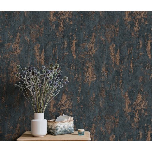 Kopott betonfal kifinomult megjelenítése elegáns fémes csillogás sötétkék és rézszín tónusok tapéta