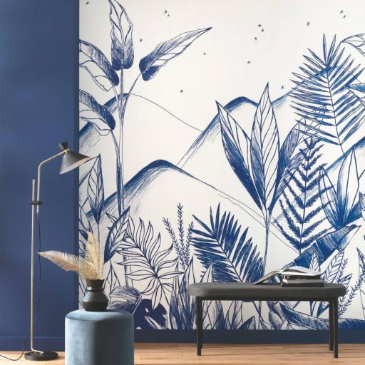 Részletgazdag kifinomult növényi panoráma a trópusokon fehér éjkék falpanel